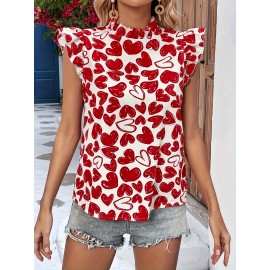 Heart Print Ruffle Trim Blouse, Elegant Blouse For Spring & Summer, Women's Clothing