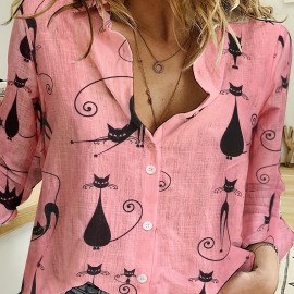 Butterfly Print Button Front Shirt, Casual Long Sleeve Shirt For Spring & Fall, Women's Clothing