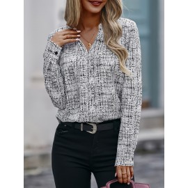 All Over Print V Neck Blouse, Elegant Long Sleeve Blouse, Women's Clothing