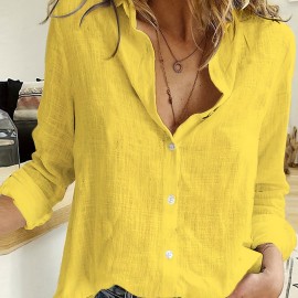 Long Sleeve Linen Shirt, Casual Button Up Shirt For Spring & Fall, Women's Clothing