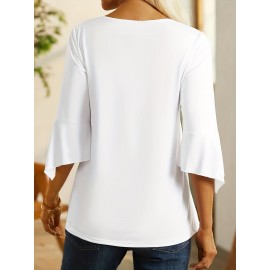 Button Front Ruched Blouse, Casual Solid Crew Neck Blouse, Women's Clothing