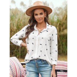 Bird Print Button Front Shirt, Casual Long Sleeve Shirt For Spring & Fall, Women's Clothing