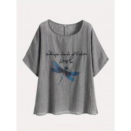 Dragonfly Print Crew Neck Blouse, Casual Short Sleeve Blouse For Spring & Summer, Women's Clothing