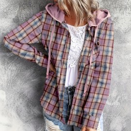 Plaid Print Hooded Shirt, Casual Long Sleeve Drawstring Shirt, Women's Clothing