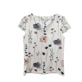 Contrast Lace Floral Print Blouse, Casual V Neck Short Sleeve Blouse, Women's Clothing