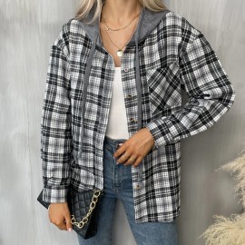 Hooded Plaid Print Blouse, Casual Button Front Drawstring Long Sleeve Blouse, Women's Clothing