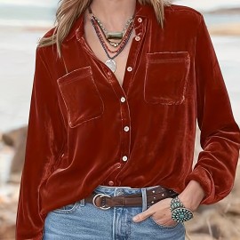 Solid Patched Pockets Velvet Shirt, Vintage Long Sleeve Shirt For Spring & Fall, Women's Clothing