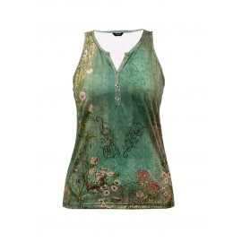 Floral Print Tank Top, Vintage Summer Notched Neck Sleeveless Top, Women's Clothing