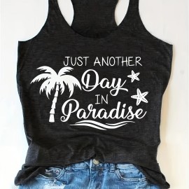 Coconut Tree & Letter Print Tank Top, Sleeveless Crew Neck Tank Top, Casual Every Day Tops, Women's Clothing