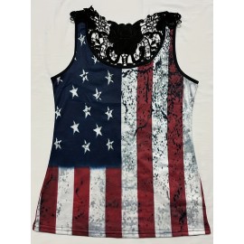 Graphic Print Contrast Lace Tank Top, Casual Crew Neck Sleeveless Tank Top For Summer, Women's Clothing