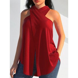 Split Cross Halter Neck Top, Casual Backless Halter Top For Summer, Women's Clothing
