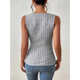 Solid V-neck Button Decor Tank Top, Casual Sleeveless Tank Top For Summer, Women's Clothing