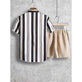 2pcs Men's Stripe Pattern Color Block Short Sleeve Button Shirt & Loose Shorts, Men's Casual Outfit For Summer Vacation
