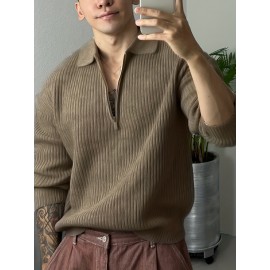 Retro Knitted Cable Sweater, Men's Casual Warm Slightly Stretch LapelPullover Sweater For Men Fall Winter