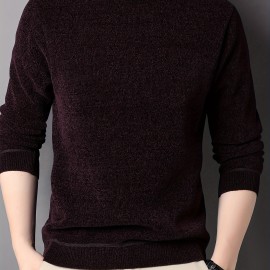 Men's Stylish Solid Knitted Pullover, Casual High Stretch Breathable Long Sleeve Crew Neck Top For City Walk Street Hanging Outdoor Activities