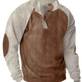 Men's Color Block Half Button Up Stand Collar Sweatshirt For Men Retro Corduroy Sweatshirts For Winter Fall Long Sleeve Tops