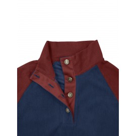 Men's Color Block Half Button Up Stand Collar Sweatshirt For Men Retro Corduroy Sweatshirts For Winter Fall Long Sleeve Tops