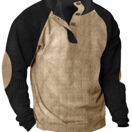 Men's Color Block Half Button Up Stand Collar Sweatshirt For Men Retro Corduroy Sweatshirts For Winter Fall Long Sleeve Tops