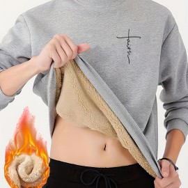 Cross Print Men's Crew Neck Sweatshirt Pullover For Men Fleece Sherpa Lined Sweatshirts For Winter Fall Long Sleeve Tops