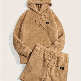 Men's Fluffy 2Pcs Outfits, Casual Hoodies Long Sleeve Pullover Hooded Sweatshirt Snuddie And Sweatpants Shorts Set For Spring Fall, Men's Clothing