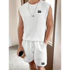 Men's 2 Piece Outfits,  Waffle Pattern , Casual Graphic Tanktop And Loose Drawstring Shorts Set, Men's Clothing