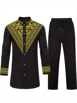 Men's African Dashiki Shirt Metallic Floral Printed Slim Fit Long Sleeve Hoodies Shirts