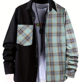Plaid Pattern Men's Casual Thin Long Sleeve Color Block Button Up Shirt With Chest Pocket, Male Clothes For Summer Spring And Fall