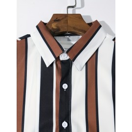 Trendy Stripe Print Men's Casual Short Sleeve Shirt, Men's Shirt For Summer Vacation Resort, Tops For Men