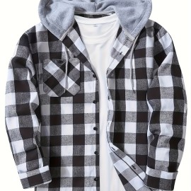 Plaid Pattern Men's Long Sleeve Hooded Shirt Jacket With Chest Pocket, Men's Casual Fall Winter Outwear