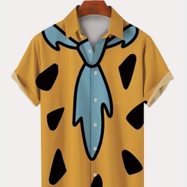 Retro Anime Print Men's Short Sleeve Pocket Lapel Shirt, Men's Trendy Button Up Tops For Summer Outdoor, Perfect Wear For Halloween